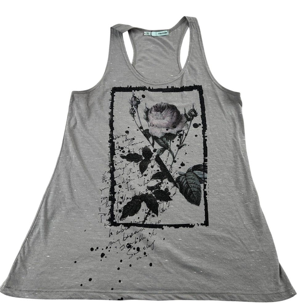 Maurices Rose Graphic Rhinestone Racerback Tank Top M Gray Women Boho Slub Knit